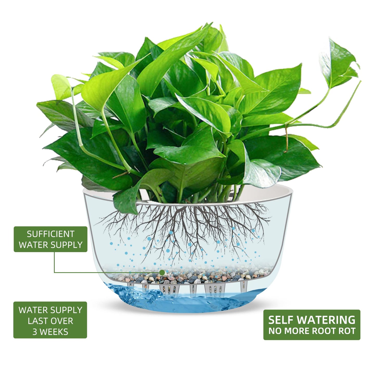 Dexceder 8.75 Inch Self Watering Hanging Planters Indoor Outdoor, Thickened Hanging Basket Flower Plant Pot (2 Pack, White)