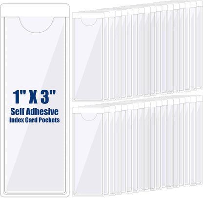 Chinco 50 Pack Clear Adhesive Pockets, Labels for Storage Bins, Plastic Self Adhesive Index Card Holder with Top Open for Organizing Bins Box Drawer(1.2 x 3.35 Inches)