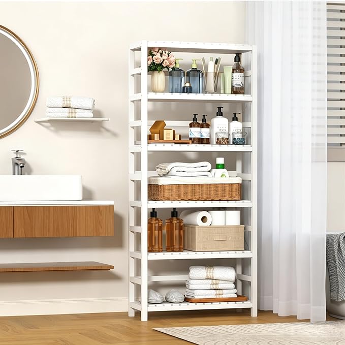 VASMIA 6-Tier Bamboo Shelf, Bamboo Storage Shelving Unit, Tall Bookcase