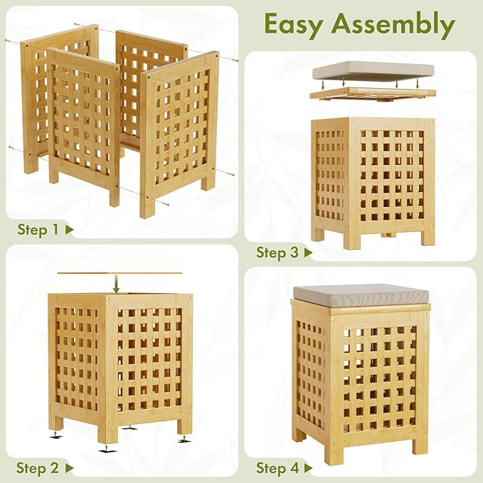 Bamboo End Table with Removable Cushion and Hidden Storage, 2-in-1 Ottoman Side