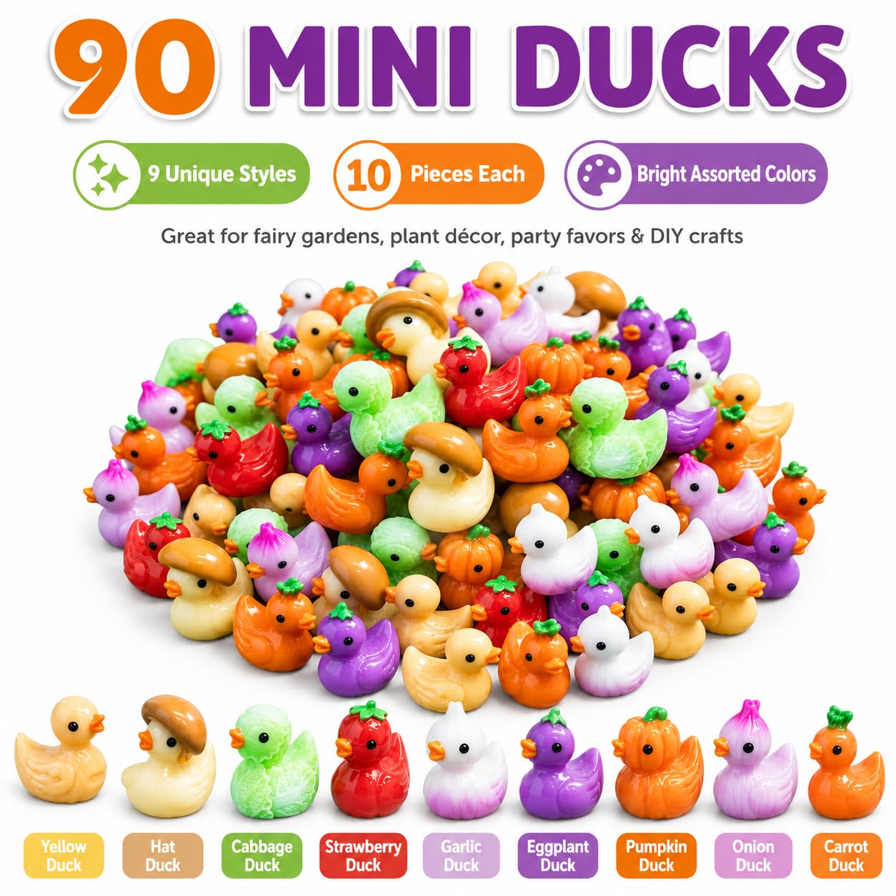 90Pcs Mini Resin Ducks Bulk, Vegetable Fruit Tiny Duck Figurines, Mushroom Pumpkin Strawberry Miniature Figures for Fairy Garden, Micro Landscape, Slime Charms, Cake Toppers, Small Prizes(DUCK)