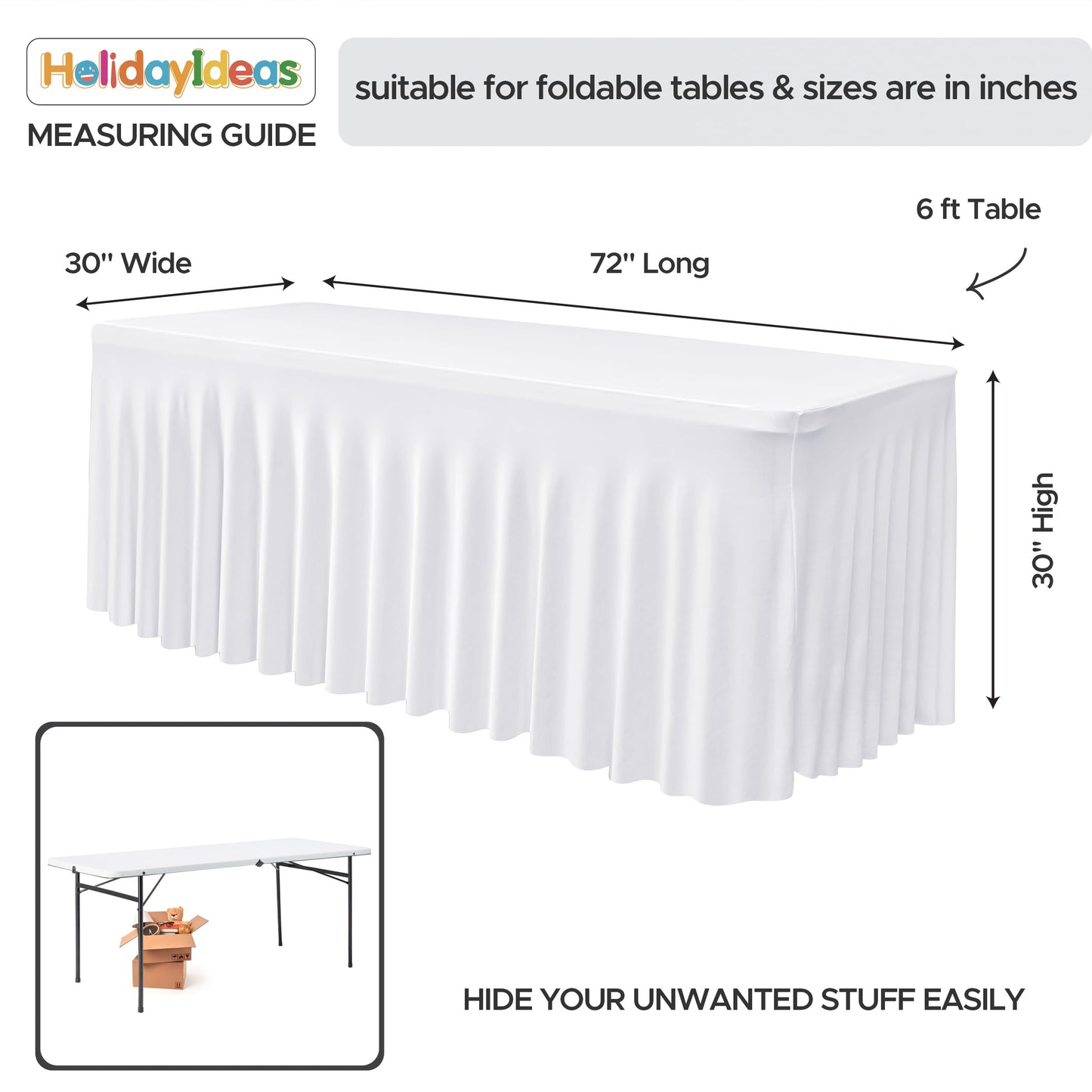 HolidayIdeas 2 Pack Spandex Table Skirt for 6 Ft Rectangle Tables, White Fitted Stretch Tablecloth 30 x 72 Inch, Wrinkle Resistant Ruffle Design for Wedding Banquets, Baby Showers, Parties