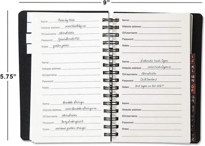 Current Black Password & PIN Keeper Book, 65 Pages, 4.5” x 5 ¾” Size Spiral Bound, Alphabetical Tabs, Plastic Cover Internet Organizer for Offline Website, Login, & Username Storage