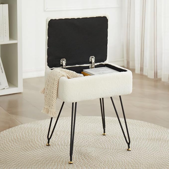 Vanity Stool Chair, Faux Teddy Fur Ottoman Foot Stool