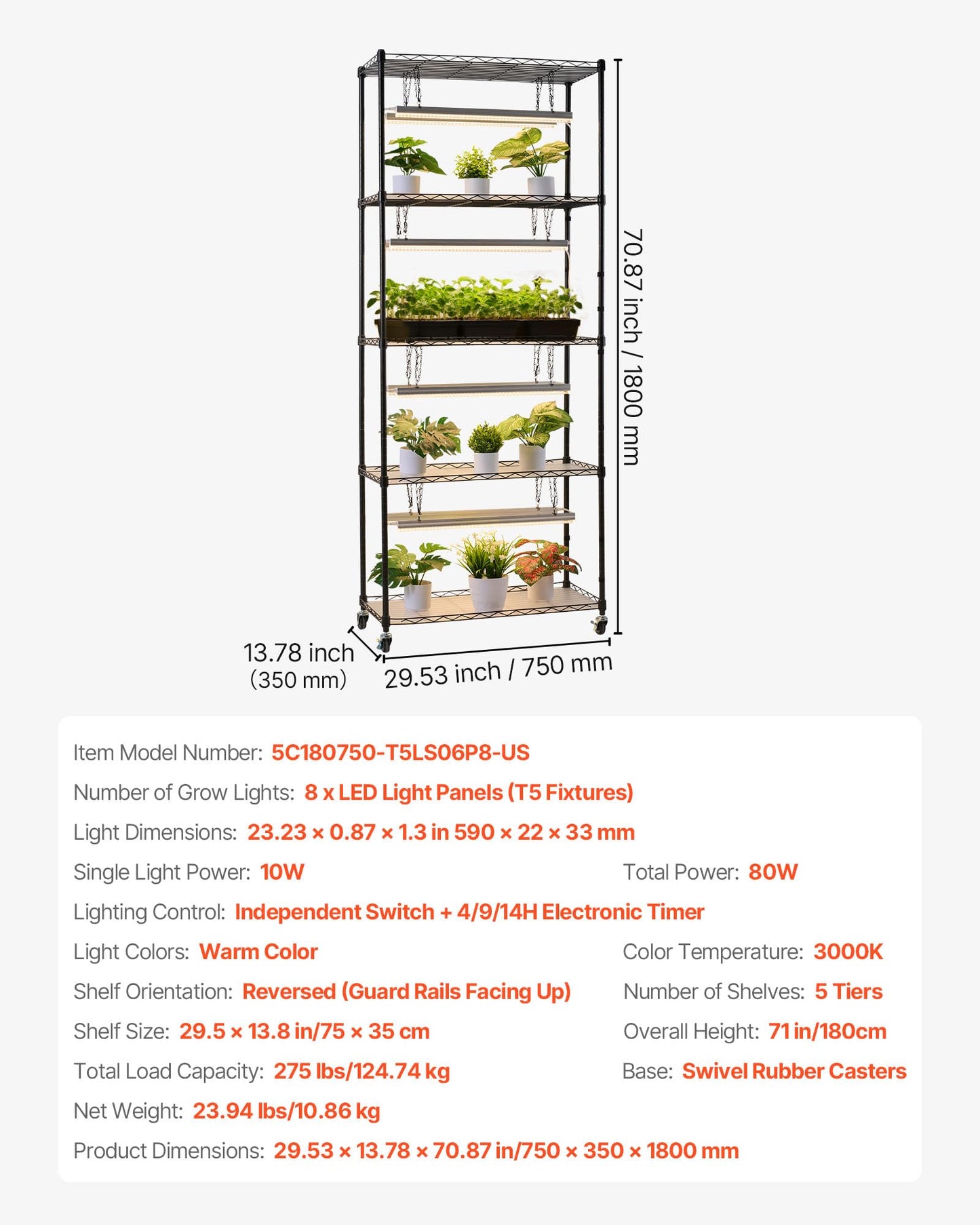 VEVOR Plant Shelf with Grow Light, 6-Tier Indoor Plant Stand, 71 in Tall Plants Display Rack with Wheels & 4/9/14H Timer, 80W T5 LED Full Spectrum Grow Lights, Flower Pot Holder for Seed Starting