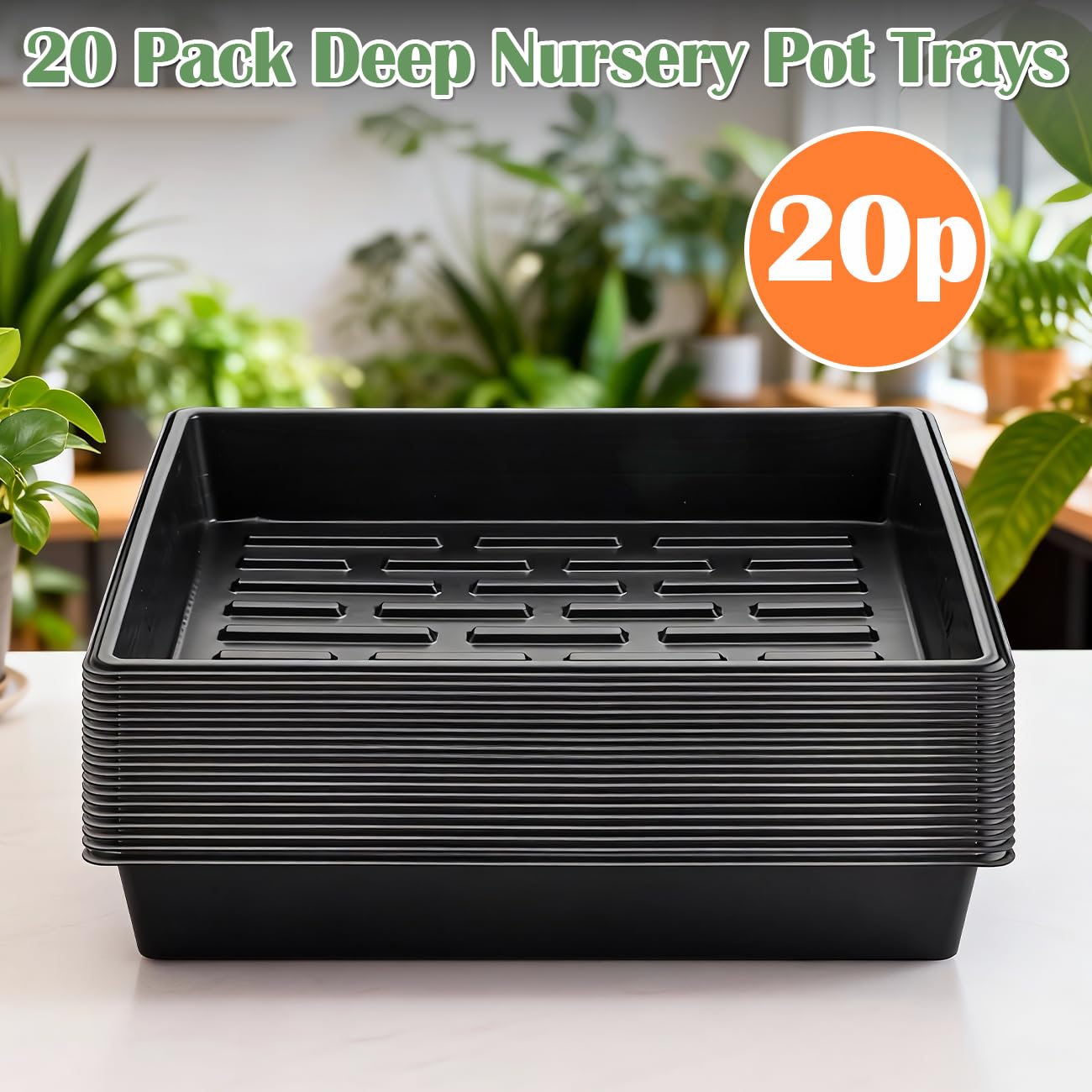 RooTrimmer 20 Pack Nursery Pots Trays (16.5"x13.2"x2.8"), Plastic Seed Starter Trays, Durable Carrying Seedling Starter Tray, Reusable Tray for Planting and Collecting Drainage Water (Black)