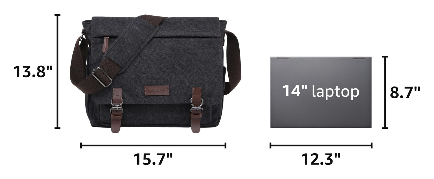 Dasein Large Vintage Canvas Messenger Shoulder Bag, Black, 15in Laptop