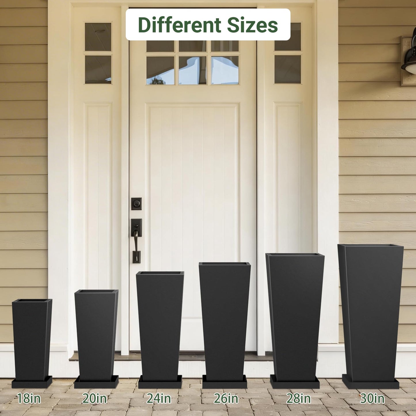 Toriexon Metal Tall Outdoor Planters Set of 2, 24 inch Durable Tall Planters with Rust-Proof Coating & Drainage Insert Shelve & Trays, Black Outdoor Planters for Porch, Garden, Patio, Yard