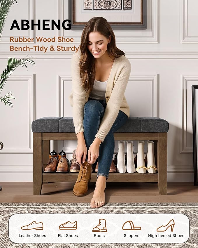 ABHENG Solid Rubber Wood Shoe Bench, Soft Chenille Material Upholstered Seat