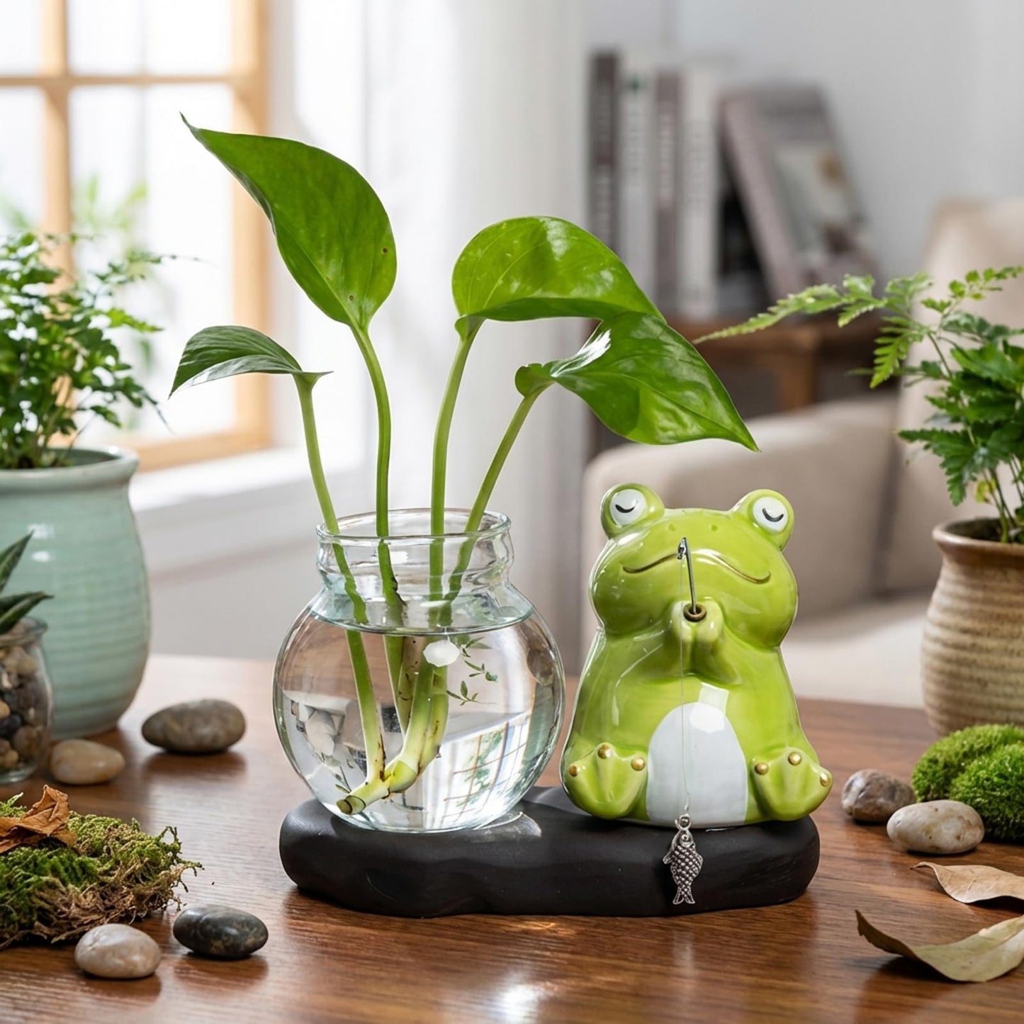 Glass Planter with Ceramic Stand, Cute Frog Fishing Propagation Vase for Plants, Hydroponic Planter for Indoor Home Office Desk Decor