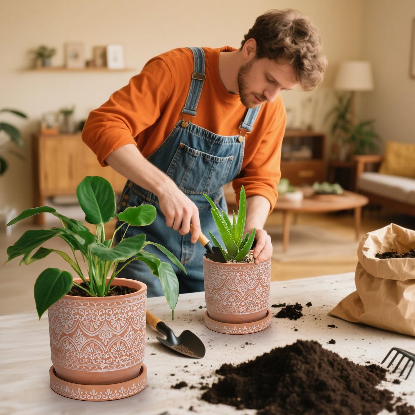 Suwimut Set of 2 Terracotta Plant Pots 4 Inch 6 Inch, Small Medium Clay Planter Pot, Ceramic Cactus Flower Succulent Pot with Drainage Hole and Saucer for Indoor Outdoor Plants