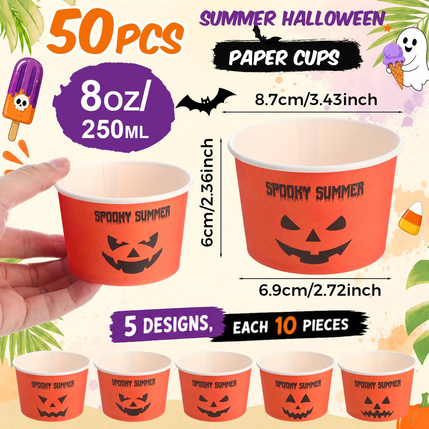 Jingmore 50 Count Summer Halloween Ice Cream Paper Cups Ghost Face Disposable Dessert Bowls Summer Halloween Cute Jack-o-lantern Treat Orange Cups for Hawaii Beach Party Supplies Sundae Yogurt Soup