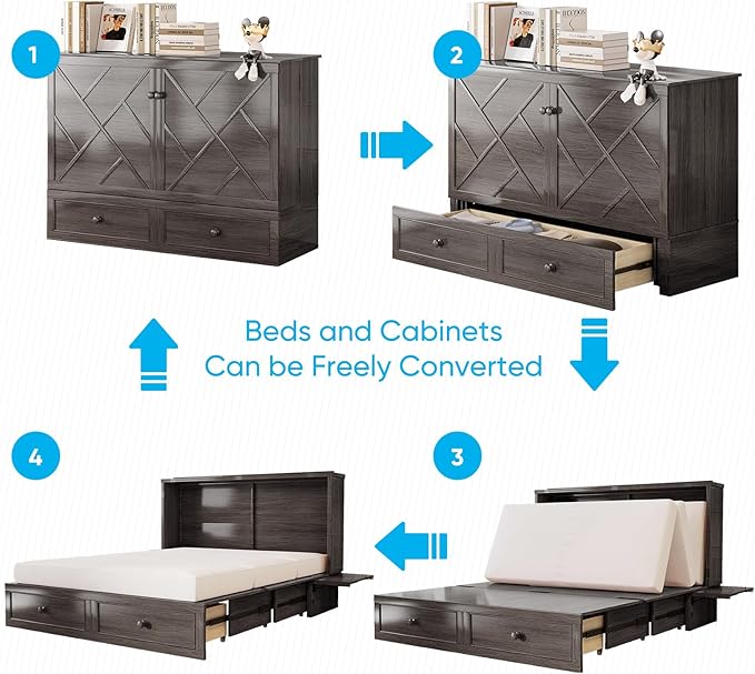 Mjkone Murphy Cabinet Bed Queen Size, Solid Wood Mobile Wall Beds Chest
