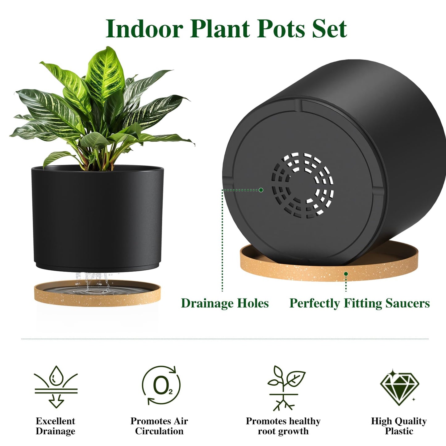 KUGAZ Plant Pots, 10/9/8 Inch 3 Pack Cylindrical Flower Pots with Drainage Holes and Saucers, Plastic Planters for Outdoor Indoor Plants,Black