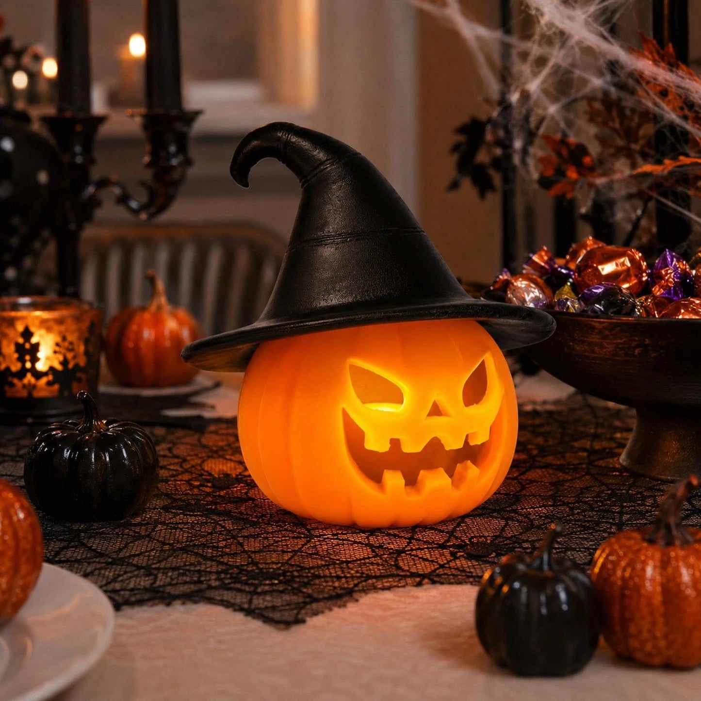 LOGOFUN Light Up Halloween Pumpkin Figurine Small LED Pumpkin Light Battery Operated for Trick or Treat Table Window Display Decoration 7.9X7.9X7.9cm/3.11X3.11X3.11in