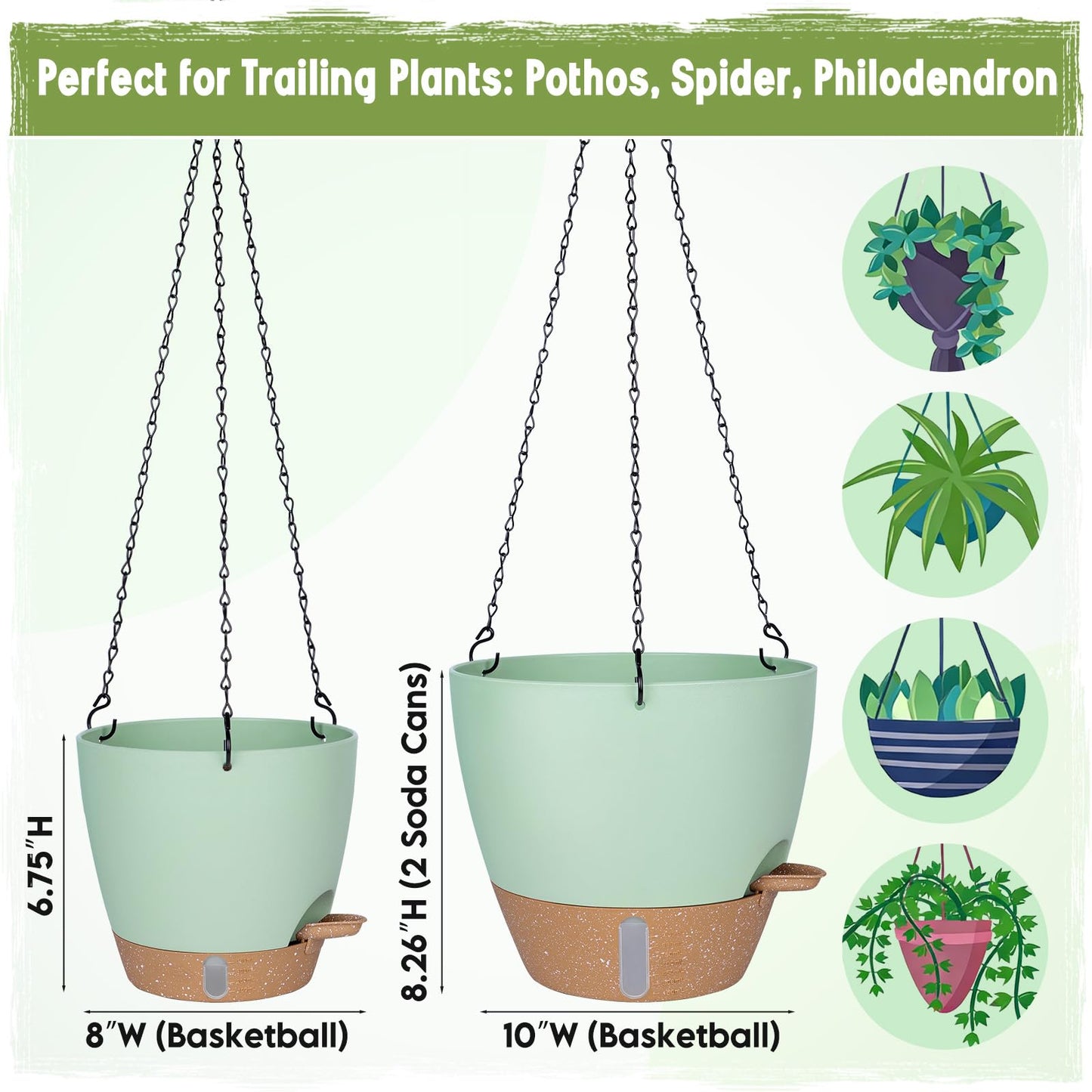 Goproauto Self-Watering Hanging Planters with Water Level Window, 8/10 Inch Indoor Outdoor Hanging Plant Pots Includes Chain Hangers with Drainage Holes & Detachable Reservoir (Green, 8+10 inch)