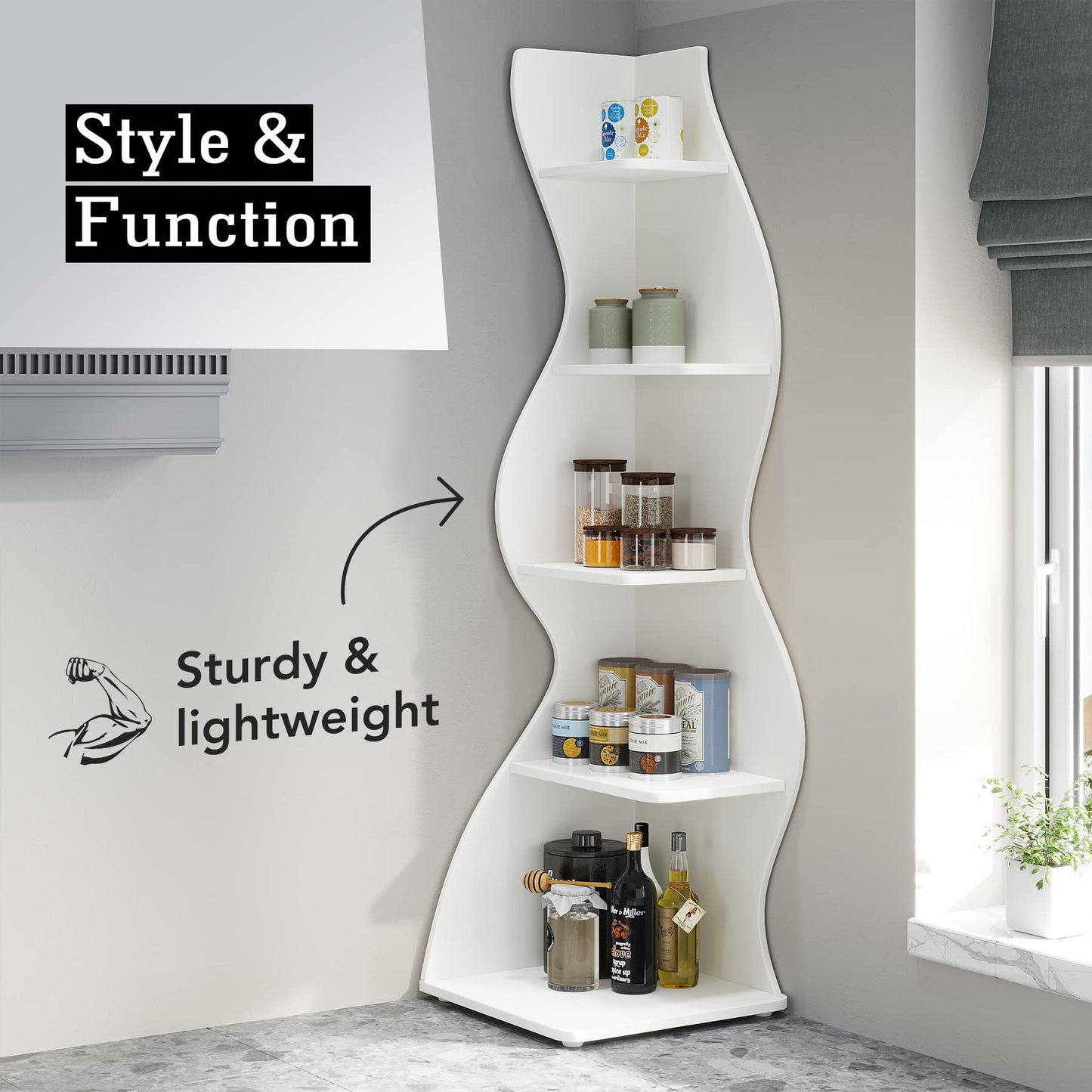 Tribesigns Corner Shelf, Modern 5-Tier Wall Corner Bookshelf, Stylish Corner Small Bookcase Storage Rack Plant Stand with Unique Shape for Living Room, Home Office (White, 1PC)
