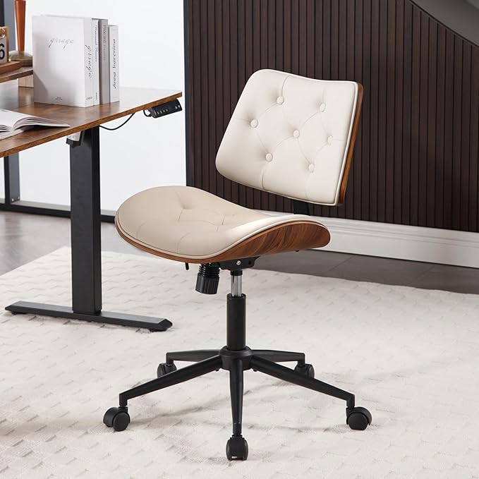 Armless Home Office Chair with Wheels, PU Leather Adjustable Height Computer