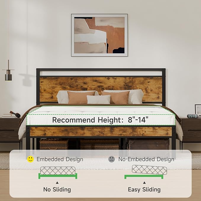 King Metal Bed Frame with Wooden Headboard and Footboard, Heavy Duty Platform
