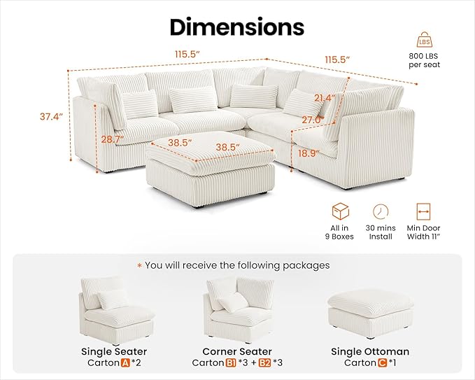 115" Oversized Corduroy Couch Modular Sectional Sofa, Washable Cloud Couch