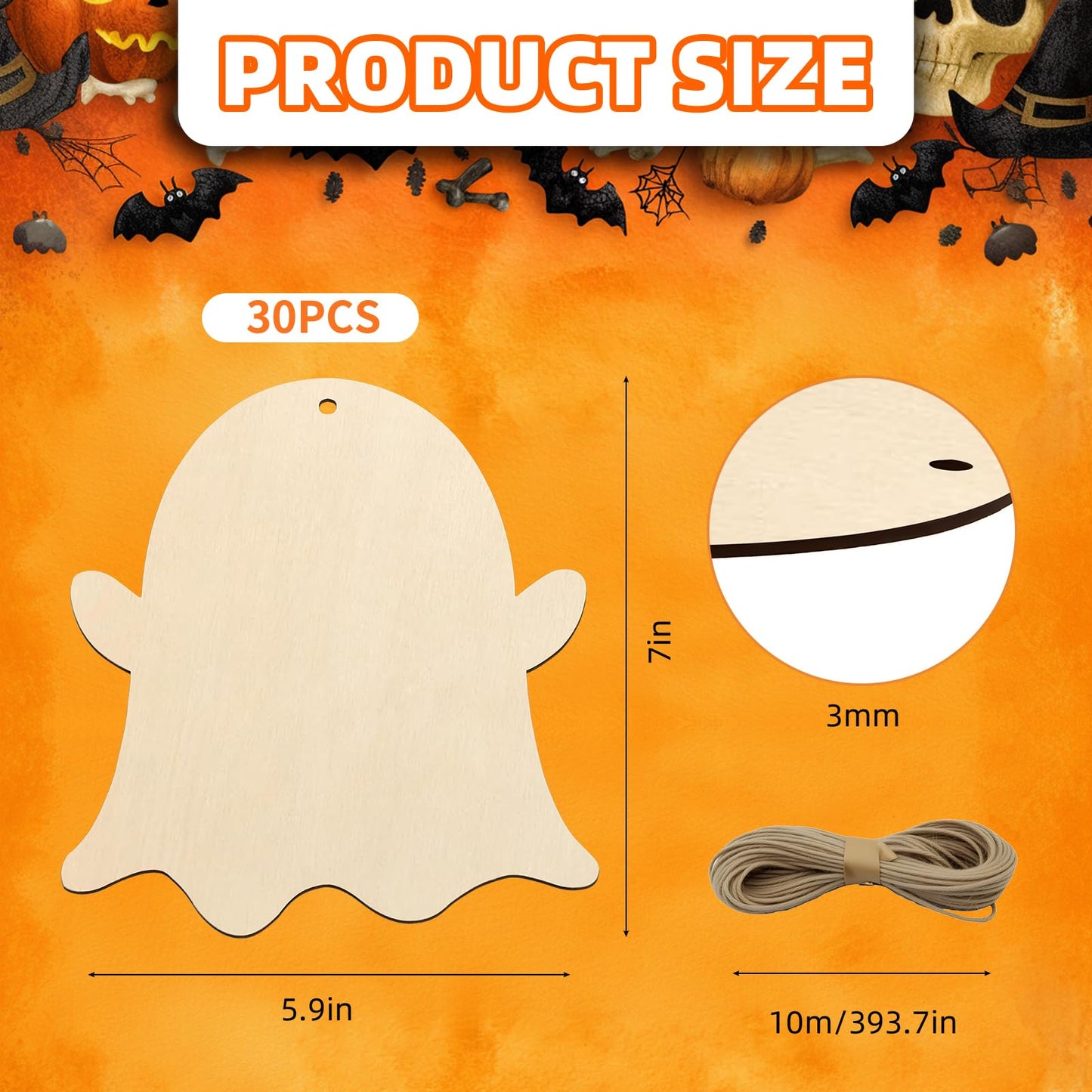 kuchisity Large Size 7'' Wooden Halloween Ornaments to Paint 30 Pcs DIY Blank Unfinished Ghost Wooden Cutouts with Twines for Halloween Thanksgiving Day Fall Party