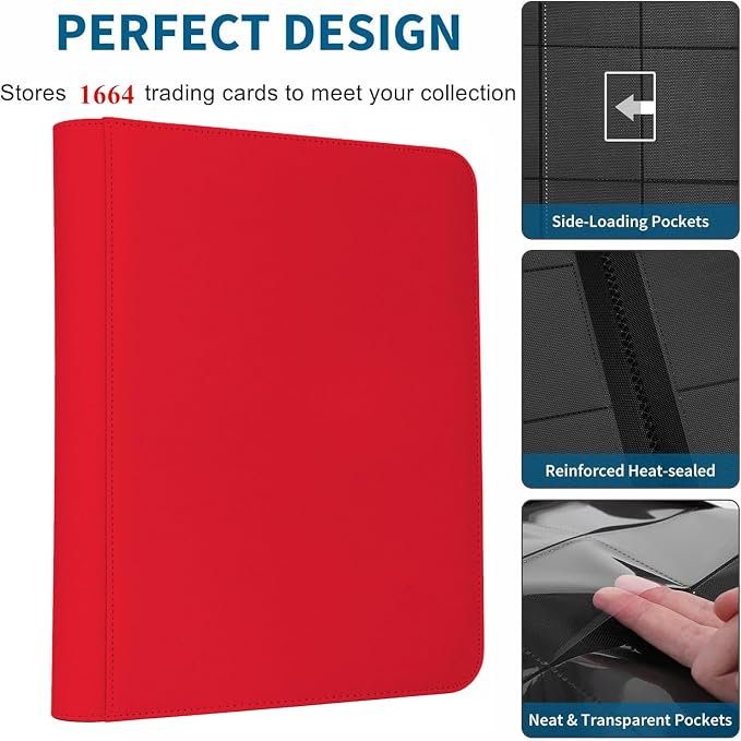 16 Pocket Trading Card Binder, 1664 Pockets Ringless PU Cover Card Collection Binder, Double Sided Card Binder Collector Album, Card Folder for MTG, TCG, Sports Cards, Game Card (Red, 16Pockets)