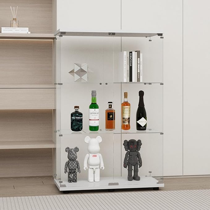 Display Cabinet with Glass Door and Lock, 3-Shelf Fast Installation Curio