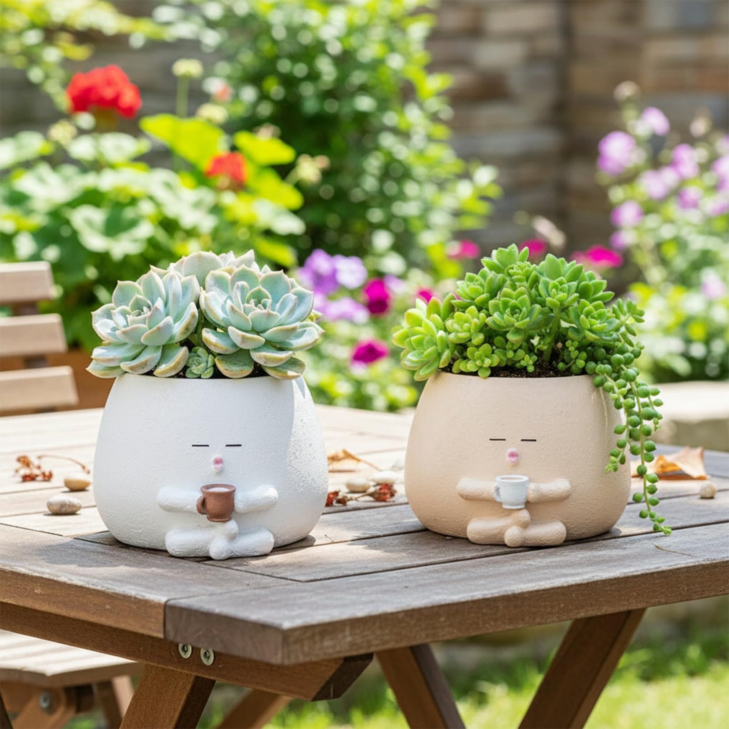 Yhupl Cute Smiling face Coffee Cup Shaped Flower Pot, Unique Seated Resin Planter, with Drainage Holes, Creative Small Home Decoration, Suitable for Indoor and Outdoor Planting (Beige)