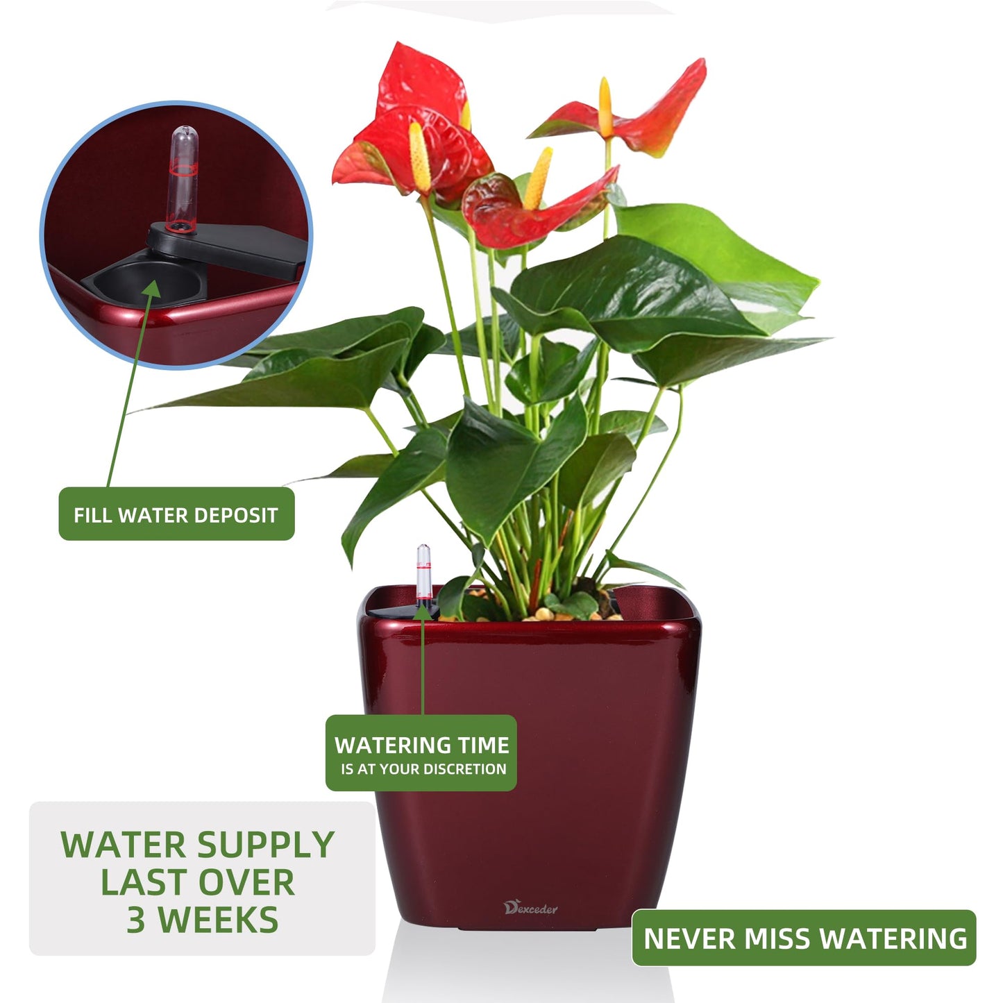 Dexceder 9x8 Self Watering Planter Indoor Outdoor, Inner Mat Design, Thickened Table Flower Plant Pot with Water Level Indicator (Red High Gloss)