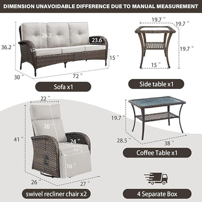 5 Piece Patio Furniture Set with Swivel Recliner Chair - Removable Outdoor Patio Couch Set, Chaise Lounge Chair Outdoor with Adjustable Backrest and Footrest and Coffee Table for Casual Gathering