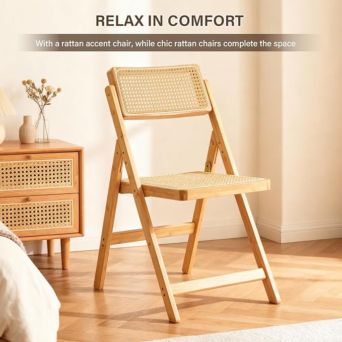 Furlide Rattan Folding Chair, Modern Mid Century Dining Chair Set of 1