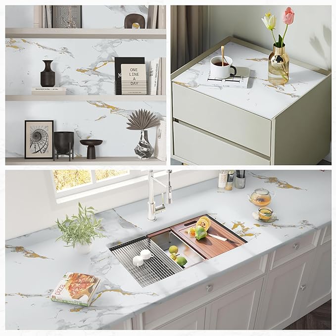 practicalWs Glossy Marble Wallpaper Peel and Stick White/Gold Granite Contact