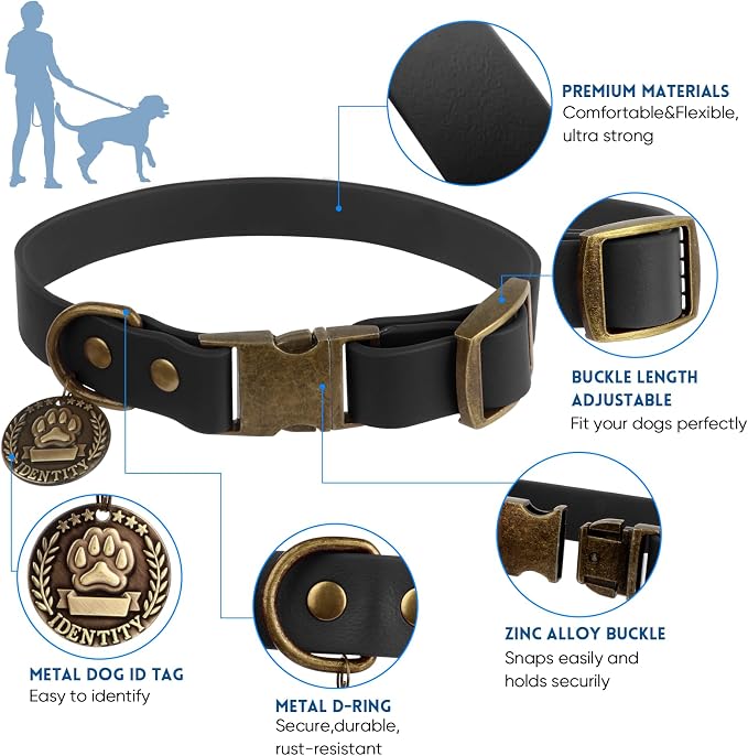 Wisedog Waterproof Dog Collar and Leash Set, XL, Black | Adjustable Puppy Collar, Cute Tag, 6FT Dog Leash, Poop Bag Included, Small Medium Large Dogs