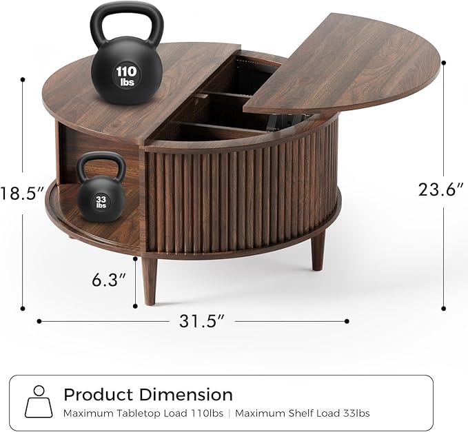 Round Coffee Table with Storage, Fluted Lift Top Coffee Table