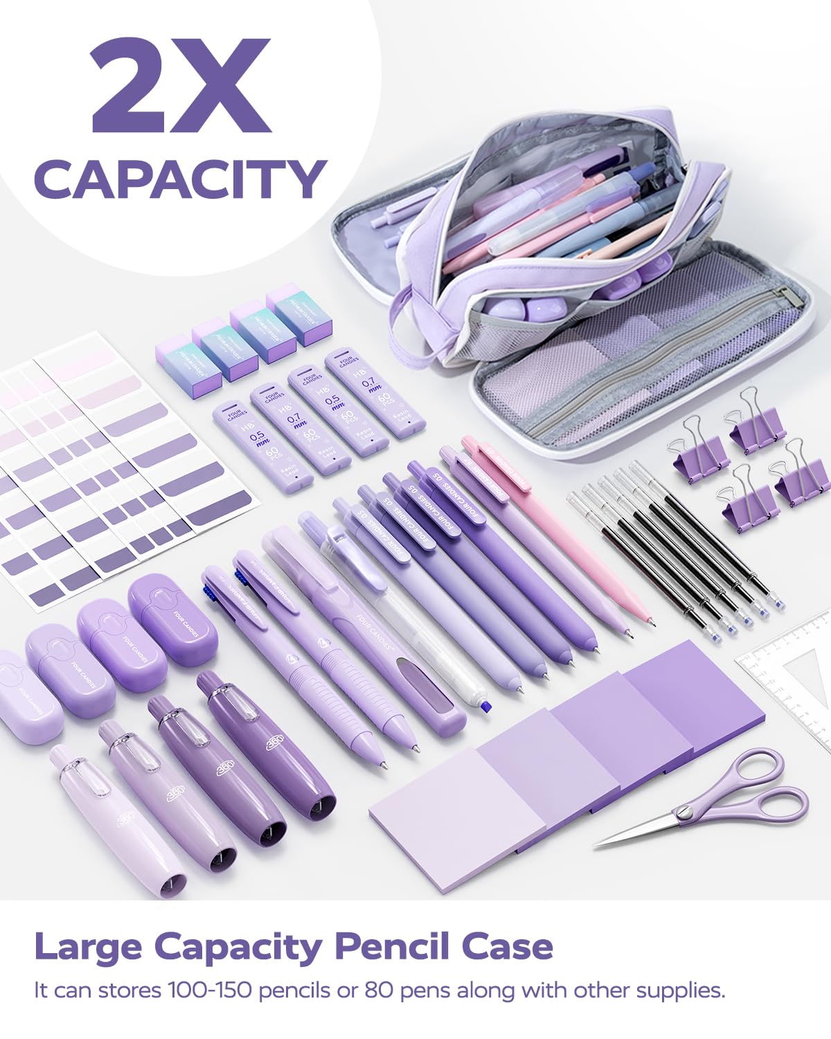 Four Candies Purple College Supplies and Nursing Essentials with Organizer, Gel Pens with Black Ink,Correction Tapes,Pastel Highlighters, Mechanical Pencils, Sticky Notes, Index Post