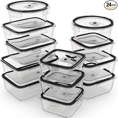 Razab 24 Pc Airtight Glass Food Storage Containers - Glass Meal Prep Containers - Freezer to Oven Safe - Steam Release Valve BPA Free - Airtight Bento Boxes - Leak Proof (12 lids & 12 Containers)