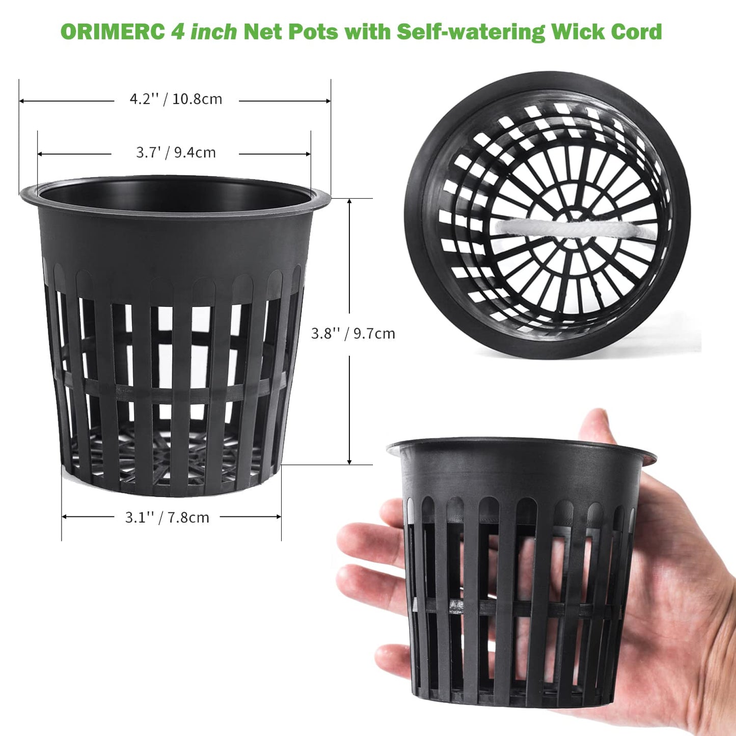 ORIMERC 4 inch Net Pots, 20 Pack Net Cups with 20 feet Self-Watering Rope&Plant Labels, for Hydroponic Aquaponics Kratky Orchid Vegetable Indoor Outdoor Growing Baskets Nursery Slotted Mesh BPA Free