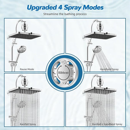 Hibbent 5-spray Dual Filtered Rainfall Shower Head Combo, High Pressure 13'' Showerhead with 10 Spray Mode Handheld, Easy Reach 4-way Diverter Shower Arm with Pause Mode, 71'' Hose and Holder, Chrome