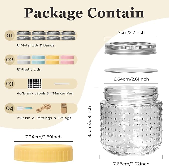 CycleMore 8oz - 8 Pack Mason Jars, Hobnail Design Canning Jars with Silver Metal & Colorful Plastic Lids, Glass Storage Jars for for Storing, Jam, Pickling, Crafts, Home Decor & DIY Gifts