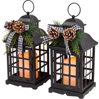 Orchid & Ivy Set of 2 11-Inch Rustic Black Metal Christmas Holiday Lanterns w/ Flameless LED Candle, Timer, Greenery, Plaid Bow – Country Farmhouse Hanging or Tabletop Decoration – Xmas Home Decor