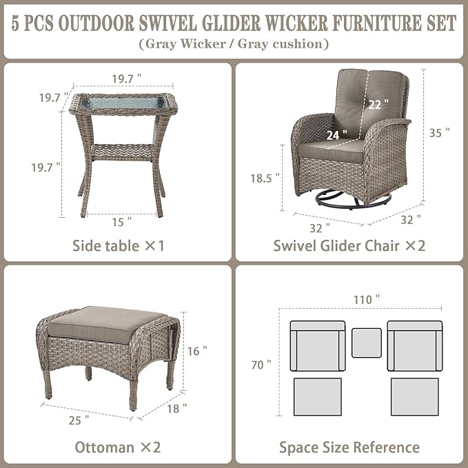 Belord 5 Piece Swivel Rocker Glider Outdoor Chairs Set of 2