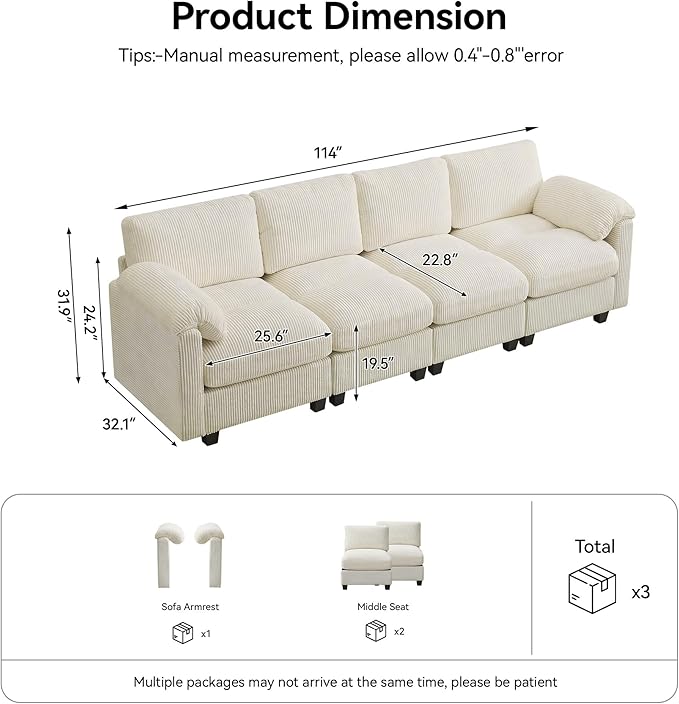 114'' Sectional 4 Seater Couch, Oversized Modular Couches
