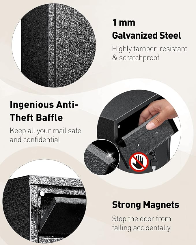Uniclife Wall Mount Mailbox for Outside, Anti-Theft Heavy Duty Locking Mailbox, Small Mailbox with Key Lock, Security Mail Box, Safe Key Drop Box, Post Box, Steel Cash Drop Box for Home Office, Black