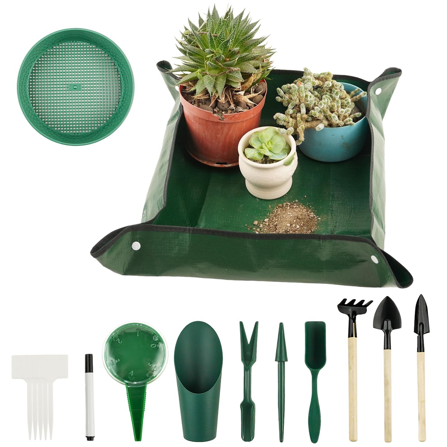 16Pcs Garden Tools, Mini Garden Hand Transplanting Succulent Tools Set, 19.6" Thickened Plant Repotting Mat & Succulent Hand Tools, Plants Transplanting Supplies for Indoor Outdoor Fairy Care, Cactus