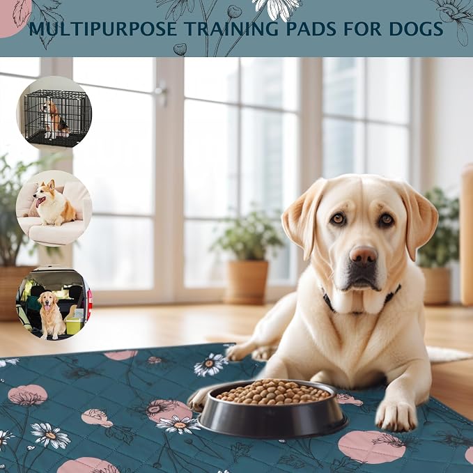 IEUUMLER Washable Pee Pads for Dogs, 2 Pack Non-Slip & Waterproof Pack Whelping Pad, Reusable Washable Puppy Potty Training Pad with Fast Absorbent for Playpen EU007 (Navy Blue Daisy, 30"X20"-2pcs)