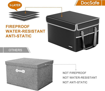 DocSafe File Box Fireproof File Storage Organizer with Lid,Collapsible Document Storage Filing Case for Hanging Letter/Legal Folders,Portable Home Office Safe Cabinet with Handle,Black