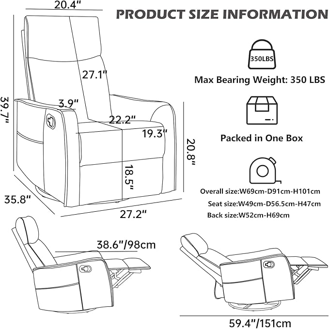 Trustyue Swivel Rocker Recliner Chair, 360° Swivel Recliner