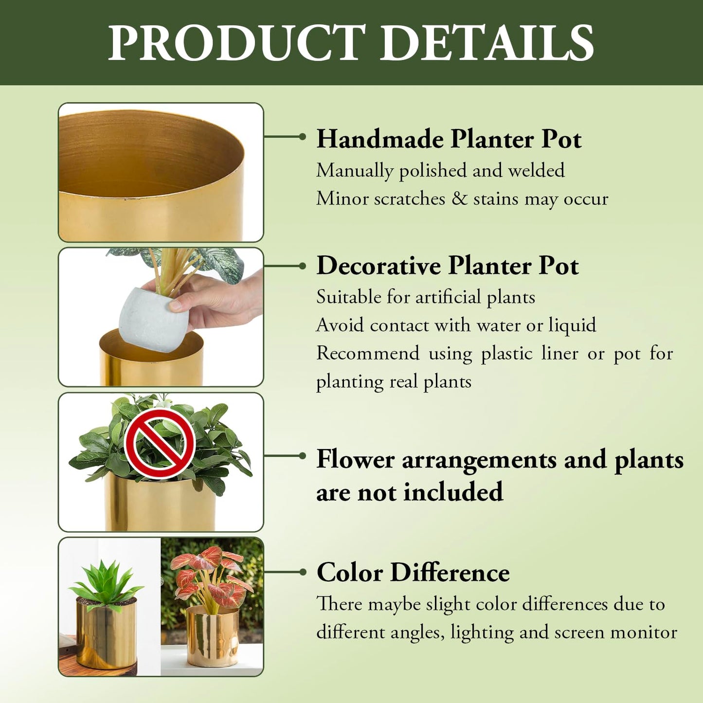 MyGift Set of 2 Handcrafted Shiny Brass-Tone Metal Plant Pots & Flower Vases – Decorative Indoor Table Planters, Handmade in India
