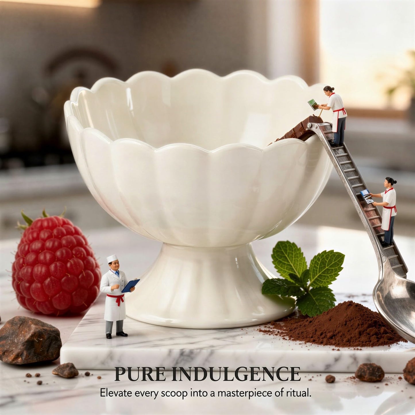 4 Pcs Ceramic Dessert Bowls Set, Elegant Scalloped Rim Pedestal Cups with 4 Spoons, 6.76 fl oz Small Dessert Bowls, Smooth Finish, Easy Clean, 4.5 x 3.5 in for Ice Cream, Snacks, Puddings, White