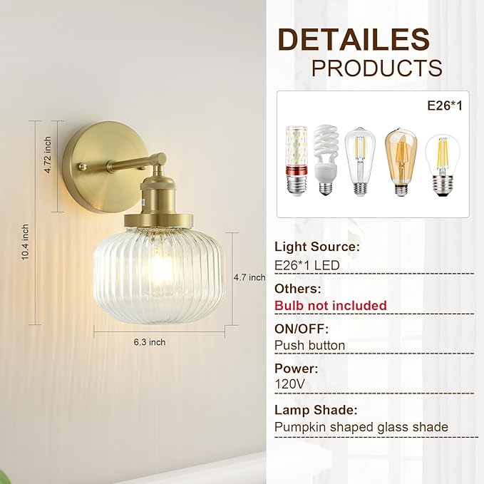 Vintage Wall Sconces with Clear Pumpkin Glass Lampshade, Indoor Bath-Room Wall Sconce, Modern Gold Industrial Lighting Fixture for Mirror Living Room Hallway 1 Pack